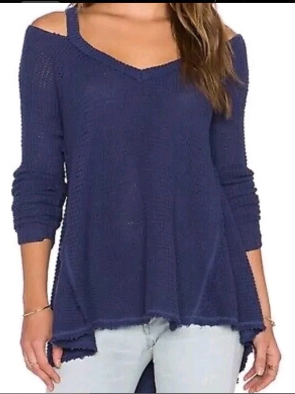 Free People Waffle Knit Cold Shoulder Boho Peasant Sweater Size S Green